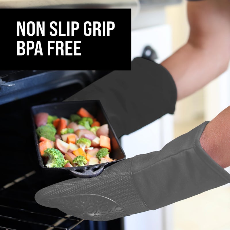 HOMWE BPA-Free Soft Silicone Oven Mitts - Ultra Heat Resistant Oven Mitts with Thick Cotton Liner - Long Slip Resistant Pot Holders, Flexible Oven Gloves - Gray 13.7" - Image 5